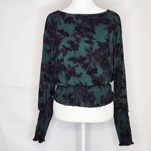 Green and Black Floral Boatneck Blouson Top
